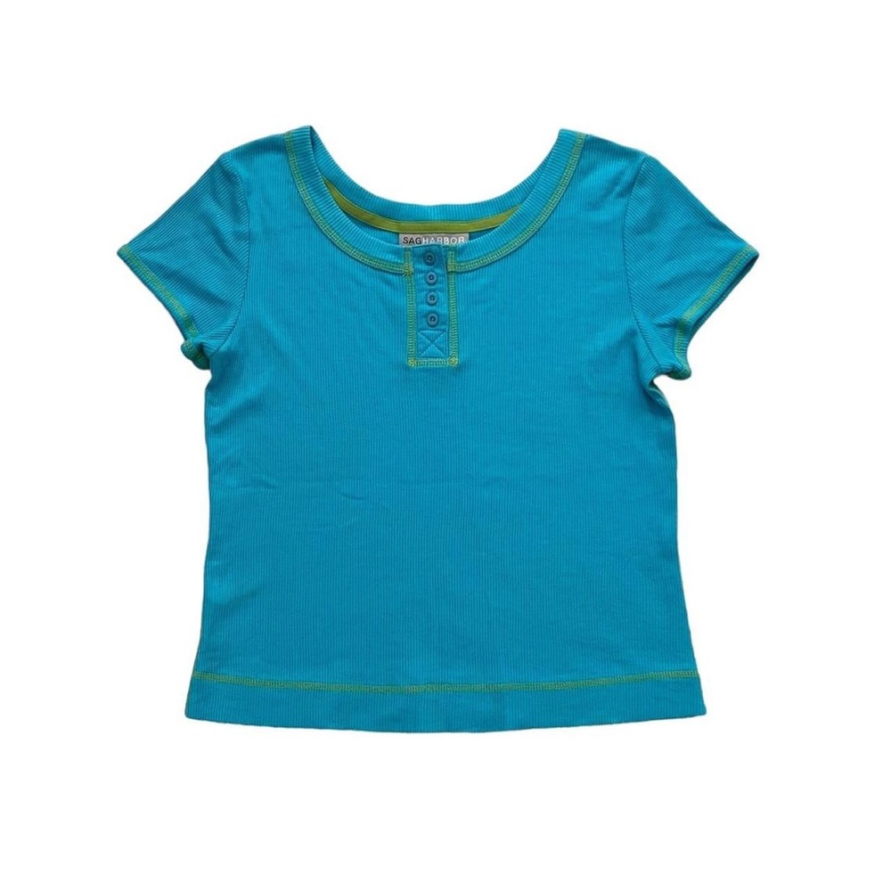 Y2K Sag Harbor Blue Green Contrast Stitch Henley Short Sleeve Women’s Shirt SZ M